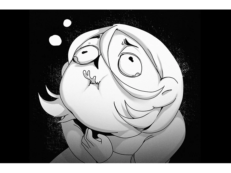 A cartoon character with a surprised expression and puffed cheeks in a black-and-white illustration.