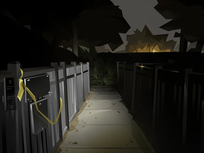 Dimly lit alleyway at night with a path and fences, surrounded by dark trees.
