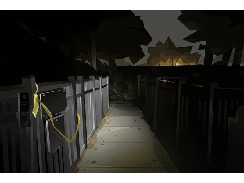 Dimly lit alleyway at night with a path and fences, surrounded by dark trees.