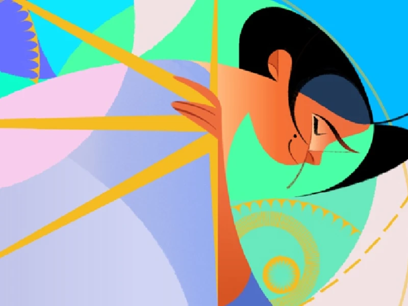 Abstract illustration of a person in side profile with vibrant geometric shapes in the background.