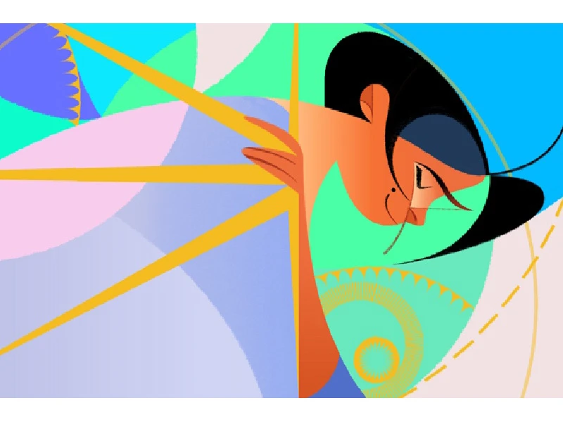 Abstract illustration of a person in side profile with vibrant geometric shapes in the background.
