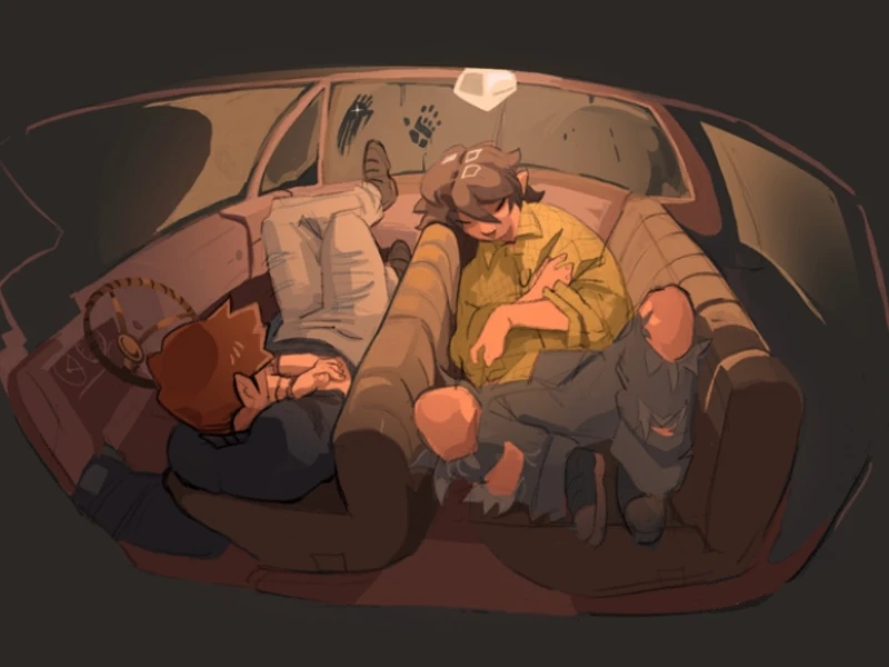 Two people sleeping inside an old-fashioned car with warm interior lighting.