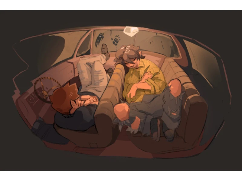 Two people sleeping inside an old-fashioned car with warm interior lighting.