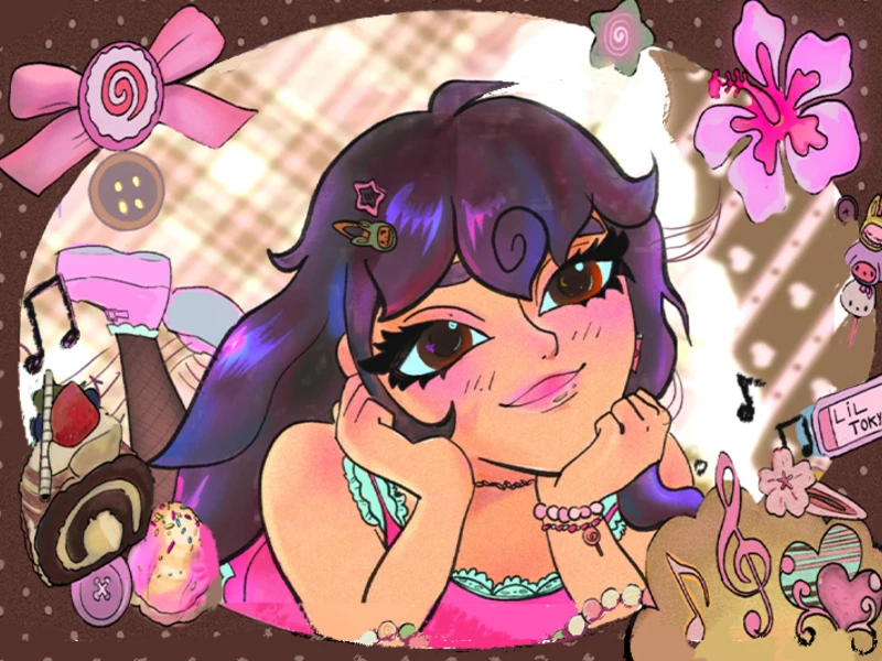 Cartoon girl with purple hair surrounded by bows, desserts, musical notes, and a bottle labeled "Li'l Tokyo."