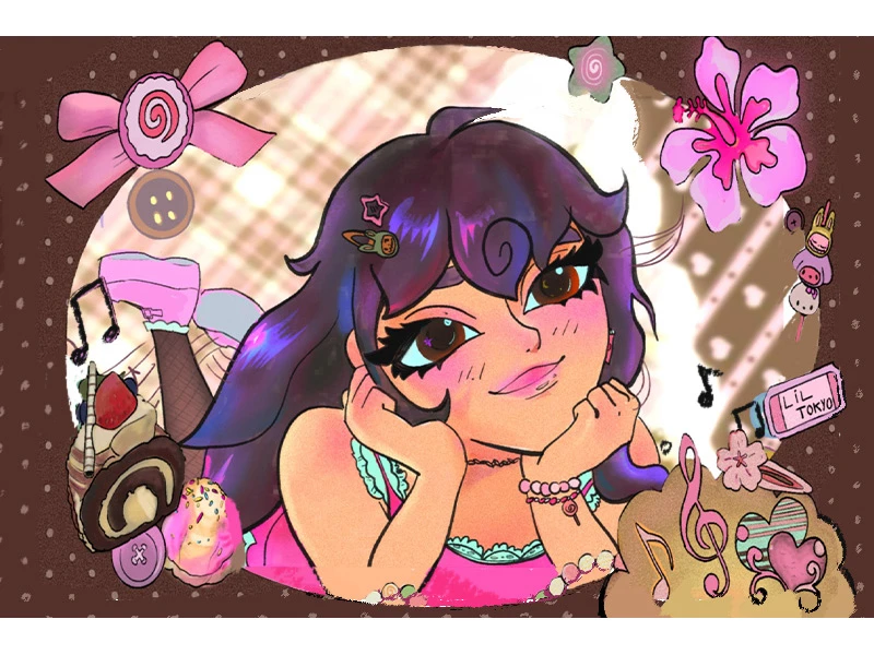 Cartoon girl with purple hair surrounded by bows, desserts, musical notes, and a bottle labeled "Li'l Tokyo."