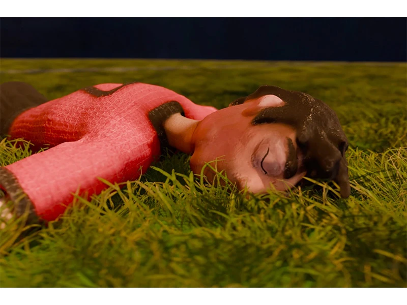 Clay figure lying face down on green grass.