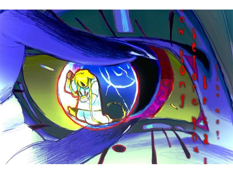 A colorful eye reflecting a kneeling figure and vertical red text.