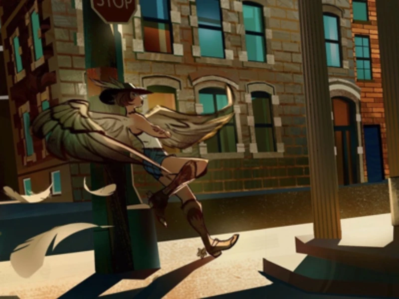 Figure with wings leaning against a stop sign on a sunlit street with colorful buildings.