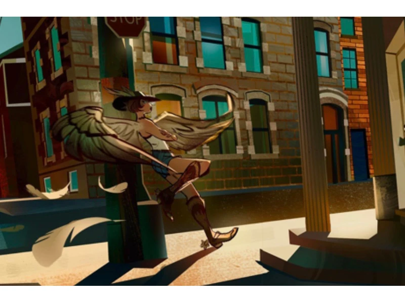 Figure with wings leaning against a stop sign on a sunlit street with colorful buildings.