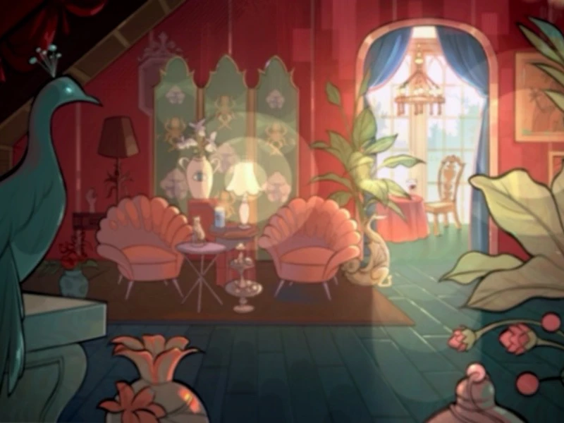 A cozy, art deco lounge with red walls, teal floor, and pink furnishings, featuring a peacock statue and leafy plants.