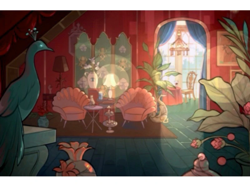 A cozy, art deco lounge with red walls, teal floor, and pink furnishings, featuring a peacock statue and leafy plants.