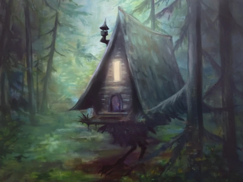 A whimsical wooden cabin elevated on tree roots in a dense forest.