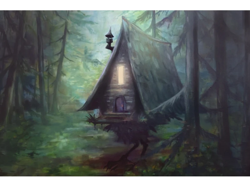 A whimsical wooden cabin elevated on tree roots in a dense forest.