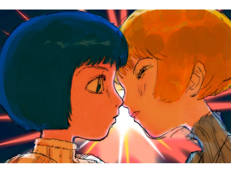 Two characters with contrasting hair colors facing each other closely, with a bright light source behind them.