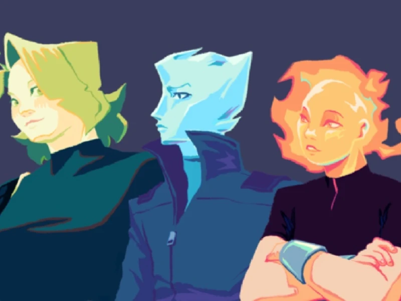 Three stylized characters with distinct colors and features stand side by side: one with green hair, one with a blue crystalline face, and one with fiery features.