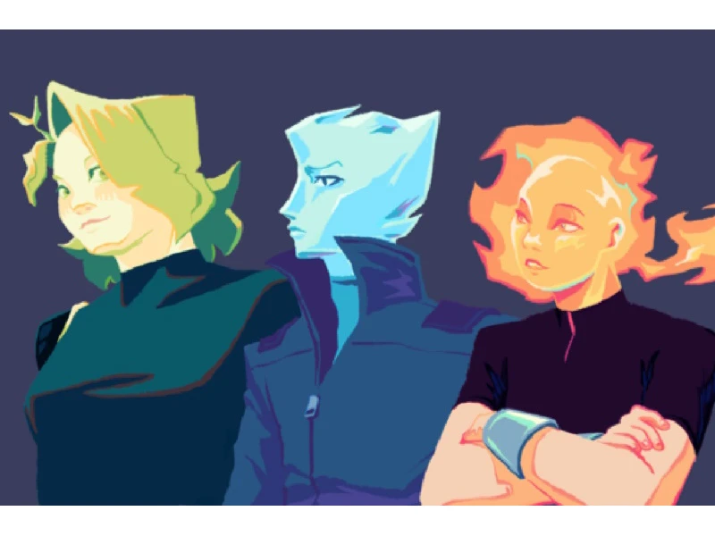 Three stylized characters with distinct colors and features stand side by side: one with green hair, one with a blue crystalline face, and one with fiery features.