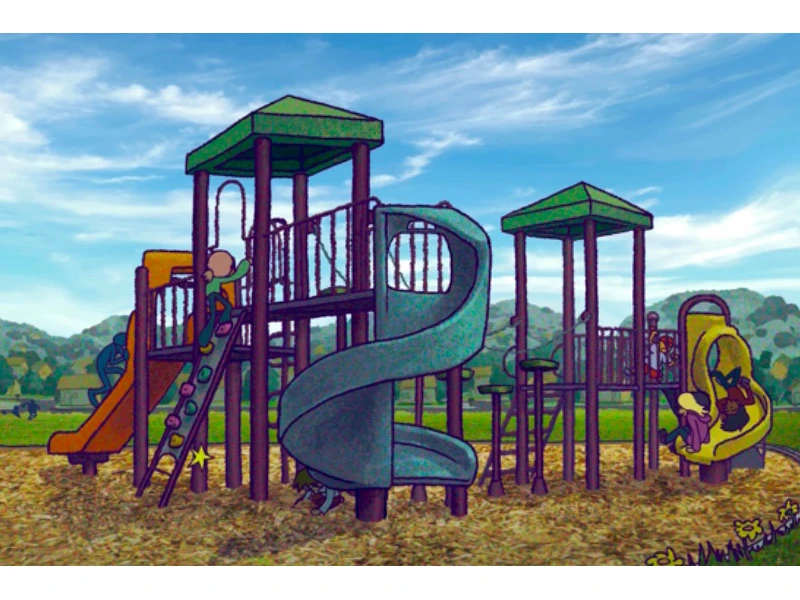 A playground with slides and a spiraling structure against a backdrop of hills and clouds.