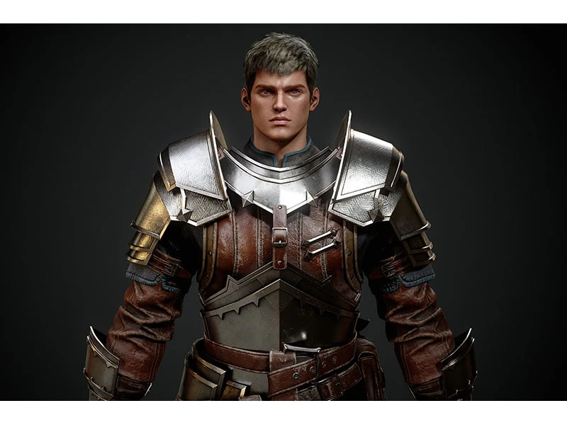 A digital character in medieval armor with a leather underlayer and a neutral expression.