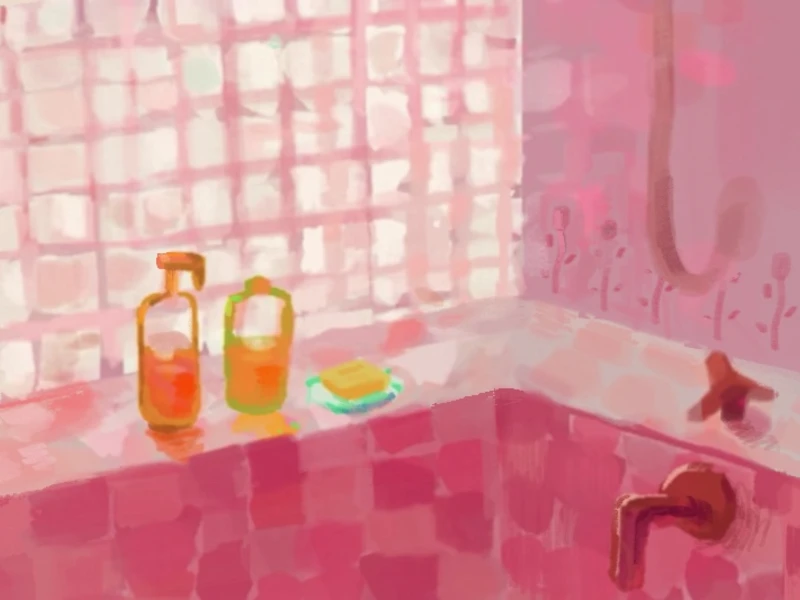 A pink-tiled bathroom with two bottles and soap on the tub ledge.