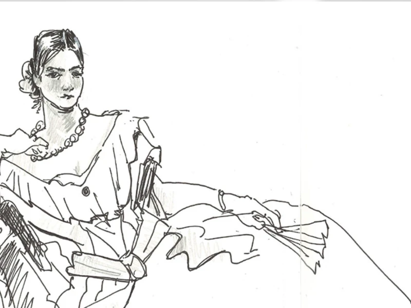 Line drawing of a person in a frilled dress holding a fan