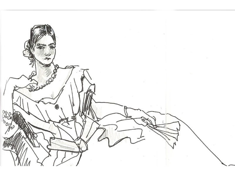 Line drawing of a person in a frilled dress holding a fan