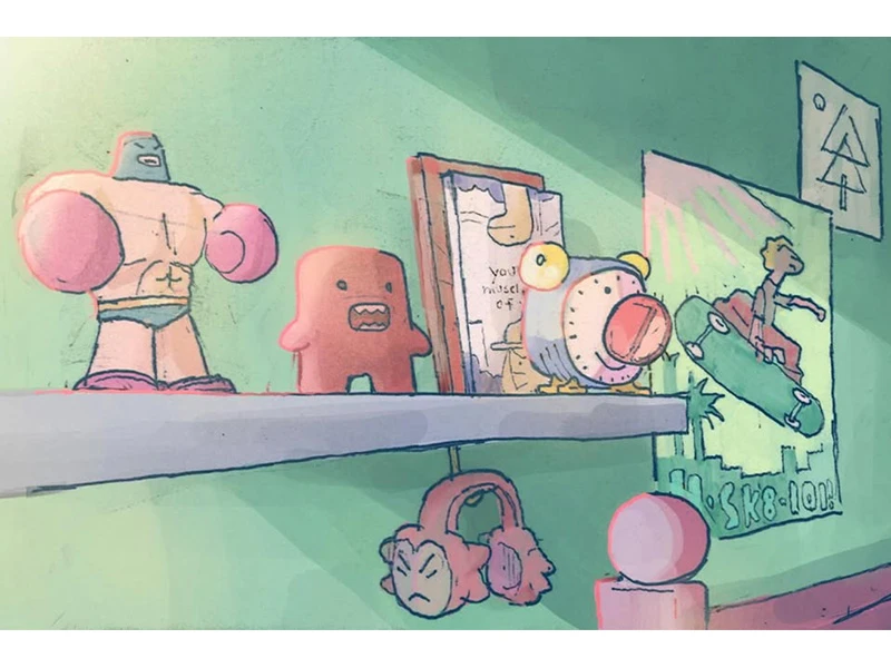 A shelf with colorful action figures, a book, and a wall poster of a skateboarder in a green room.