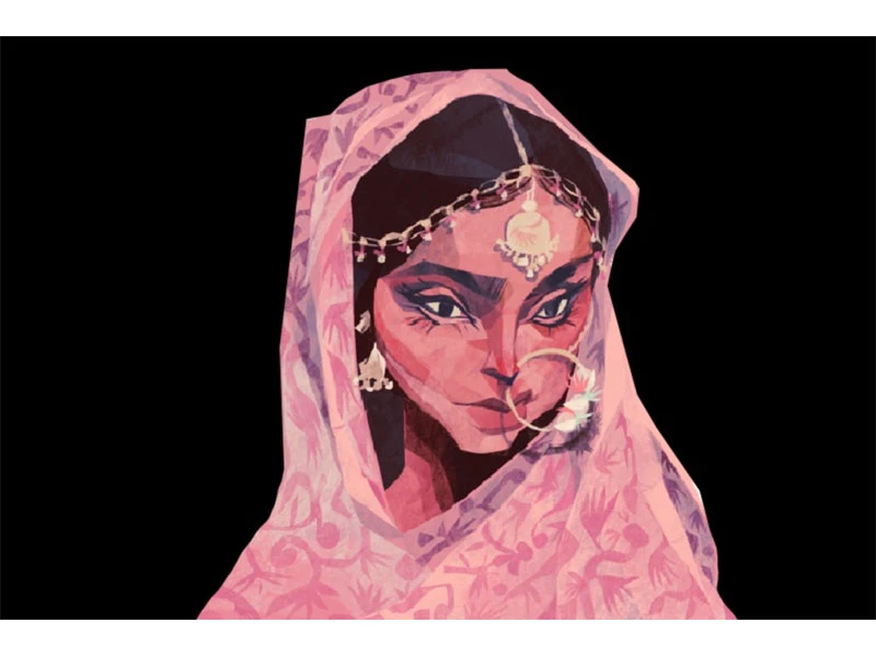 Illustration of a woman wearing a pink patterned veil and traditional jewelry.
