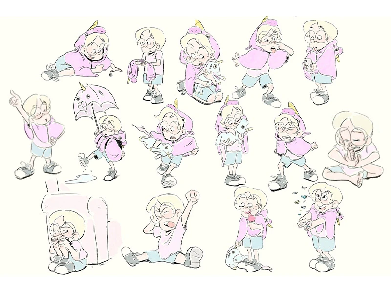 Cartoon illustrations of a child in a purple unicorn cape in various playful poses.