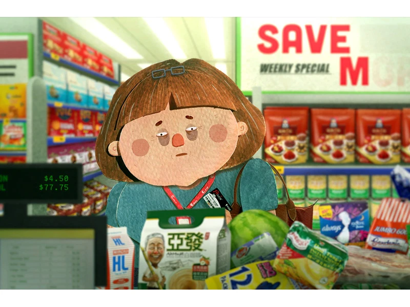 Supermarket checkout with character behind groceries and price display.