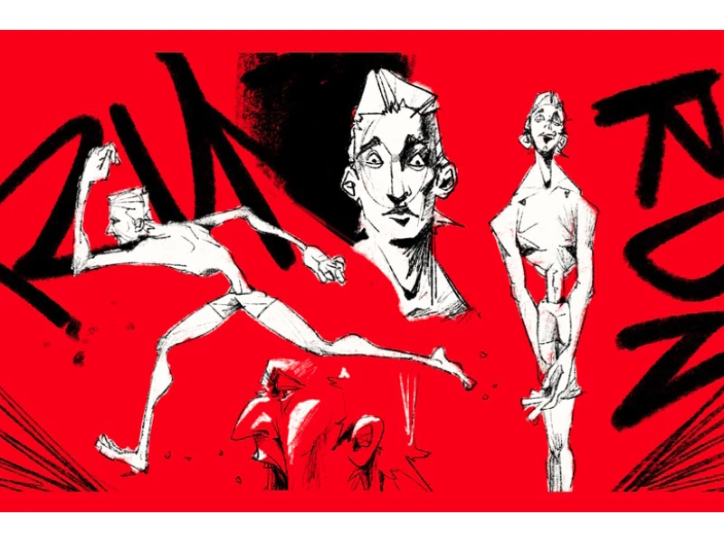 Stylized sketches of a person running and standing, with bold "RUN" text on a red background.
