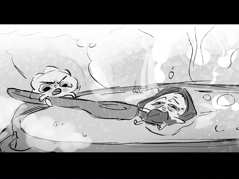 Cartoon character stirring a pot with another character inside, surrounded by steam.