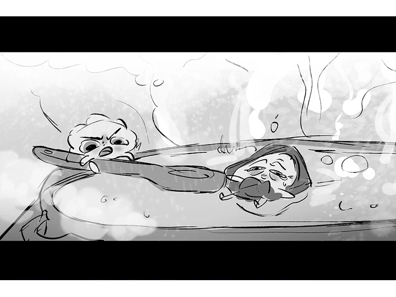 Cartoon character stirring a pot with another character inside, surrounded by steam.