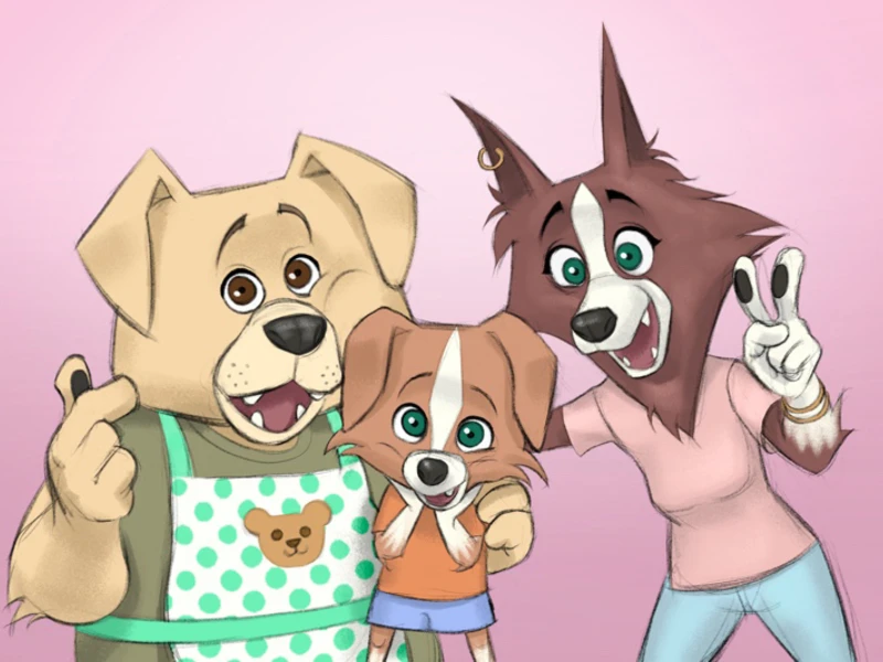 "Three cartoon dogs posing happily, one wearing a green polka dot apron, another in orange and blue, and the third in pink with a peace sign."