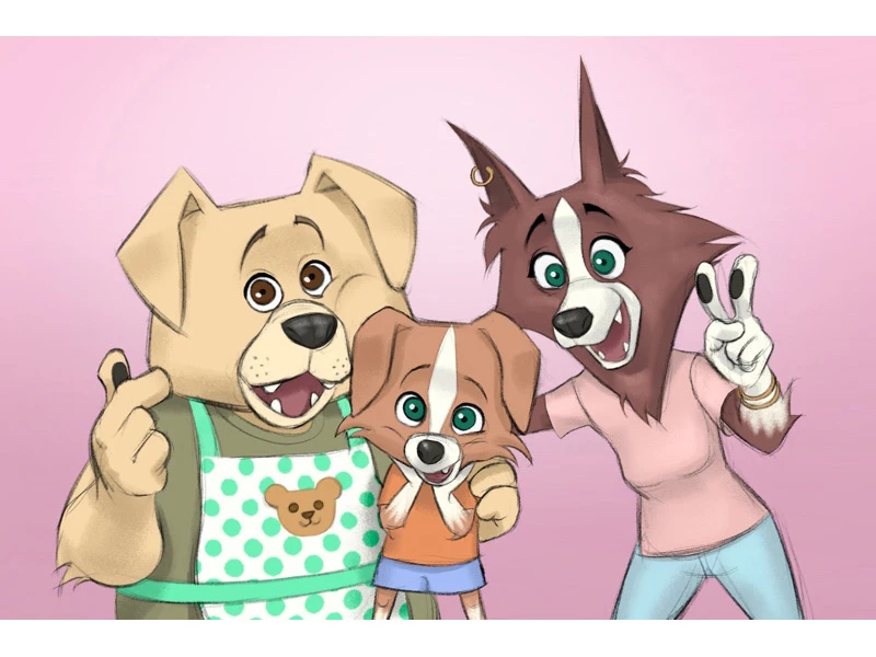 "Three cartoon dogs posing happily, one wearing a green polka dot apron, another in orange and blue, and the third in pink with a peace sign."