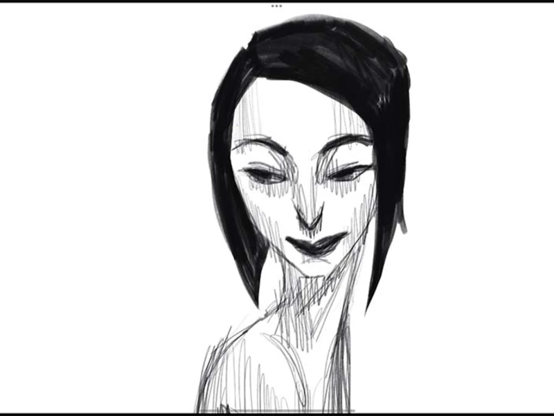 Black and white sketch of a person with short hair and a calm expression.