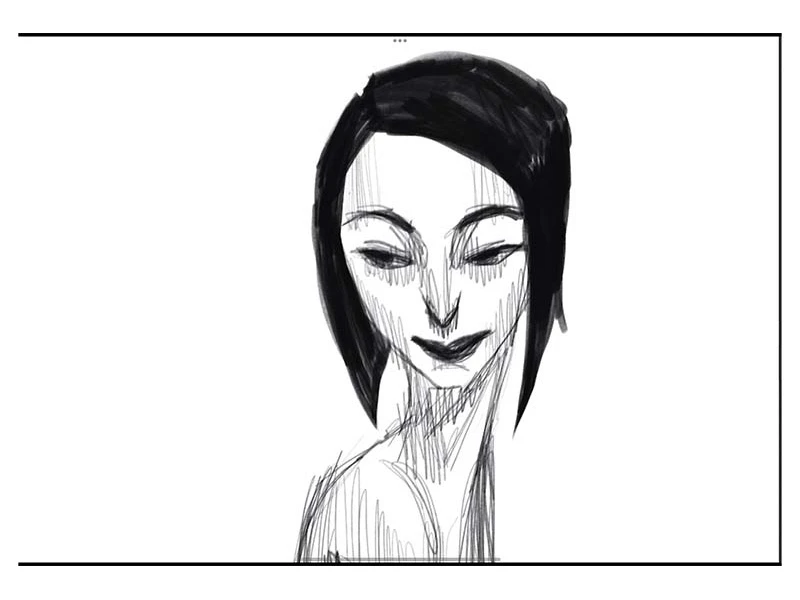 Black and white sketch of a person with short hair and a calm expression.