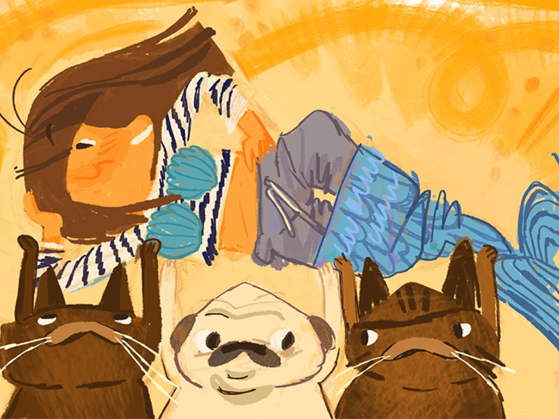 Illustration of a mermaid held by two cats and a pug against a sandy yellow background.