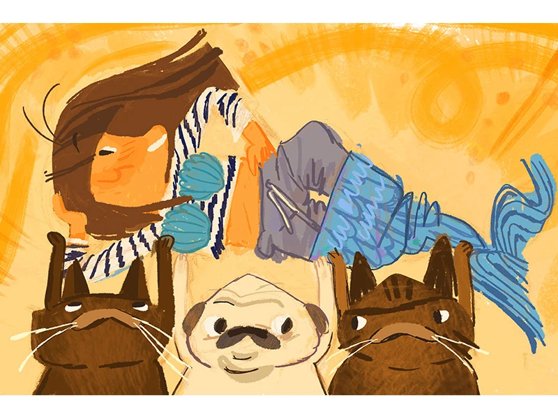Illustration of a mermaid held by two cats and a pug against a sandy yellow background.