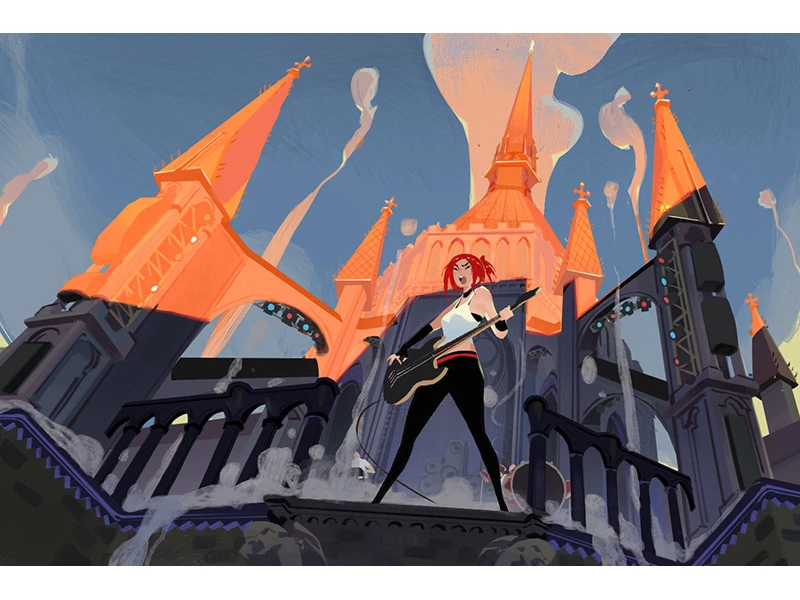 A red-haired character playing a guitar in front of a brightly lit cathedral with orange spires.