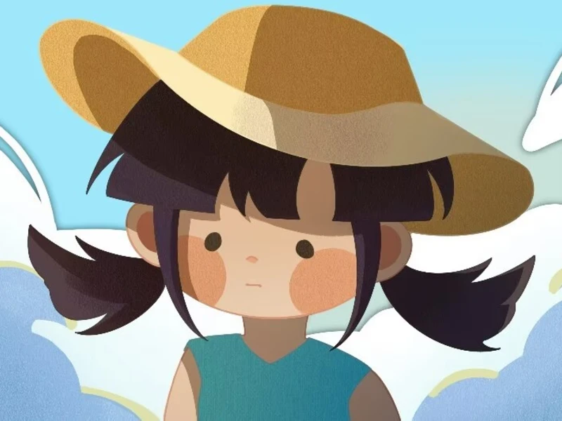 Illustration of a young girl with a straw hat and a blue top against a cloudy sky.