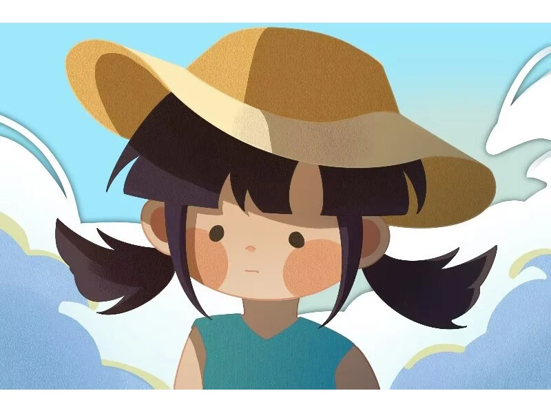 Illustration of a young girl with a straw hat and a blue top against a cloudy sky.
