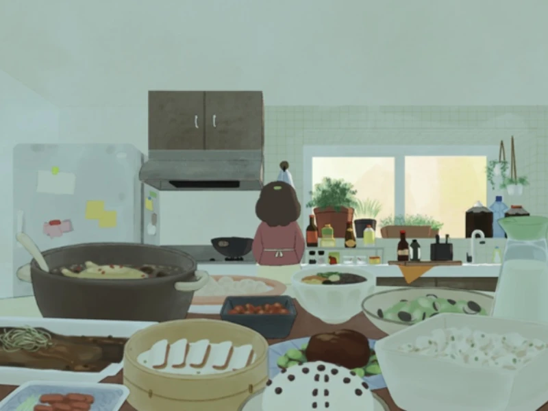 A woman cooking in a kitchen with a variety of dishes on the counter.