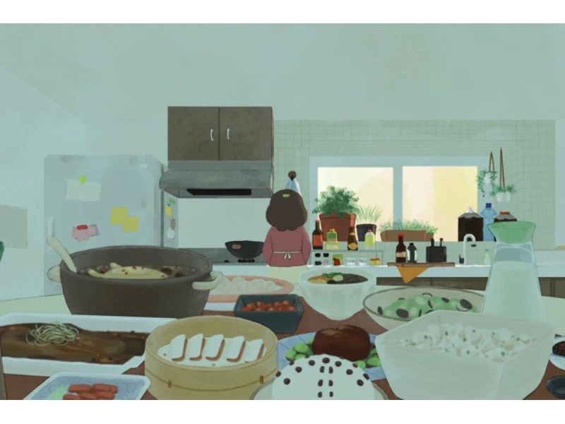 A woman cooking in a kitchen with a variety of dishes on the counter.
