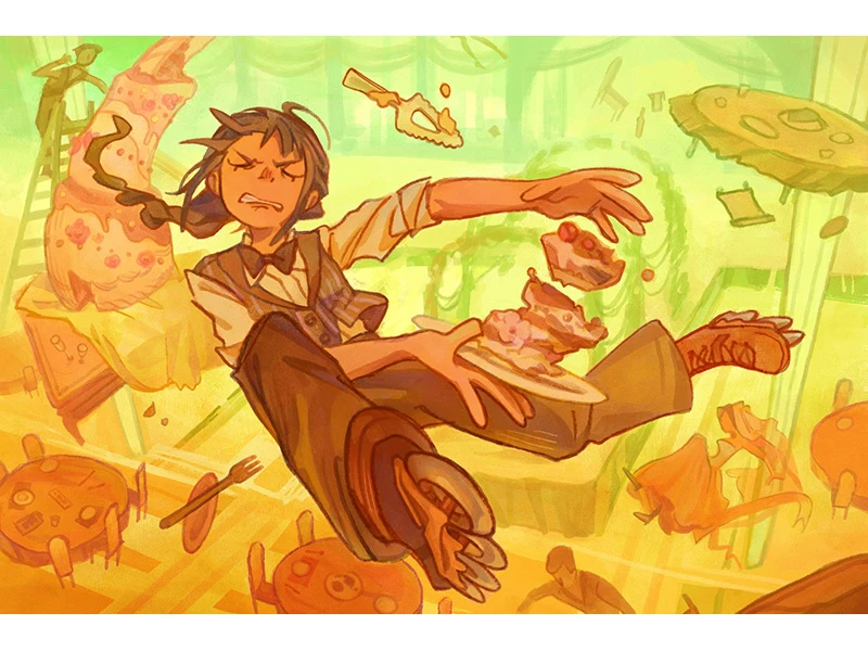 A person floating through a vibrant, chaotic scene with a plate of cake slices in hand.