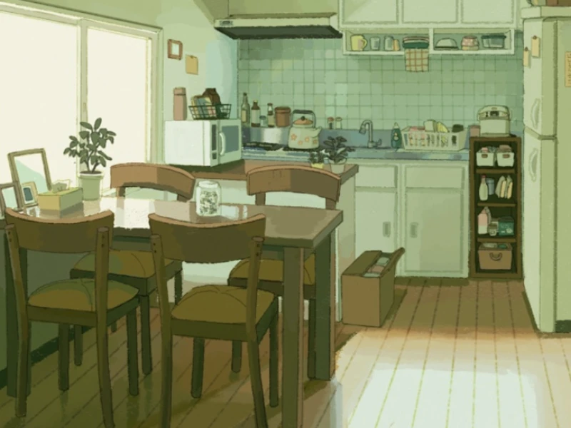 A sunlit kitchen and dining area with a wooden table, appliances, and potted plants.