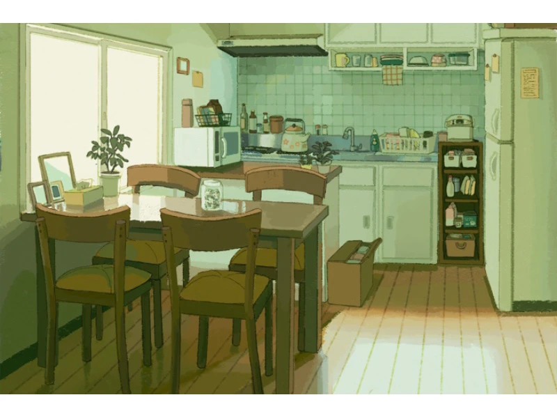 A sunlit kitchen and dining area with a wooden table, appliances, and potted plants.