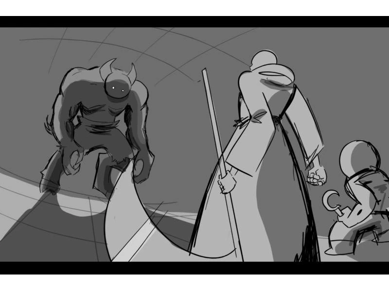 A robed figure and a smaller figure confront a horned, muscular creature in a sketch.