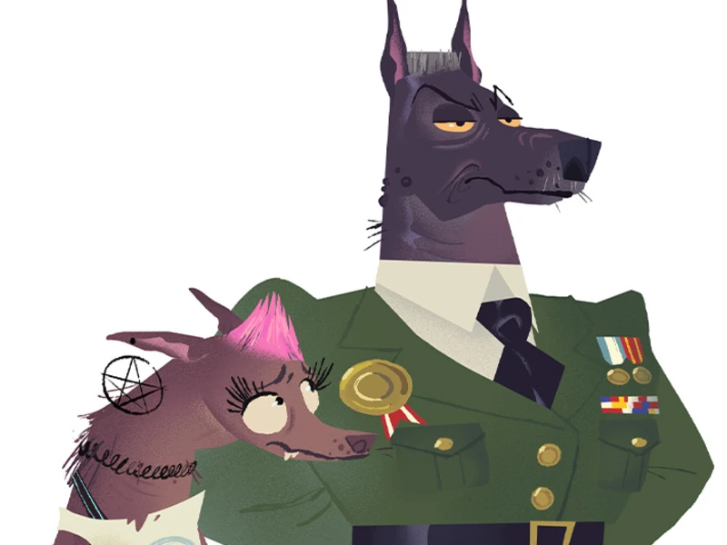 Two anthropomorphic dogs, one in a military uniform with medals, and the other with a pink mohawk and a tattoo.