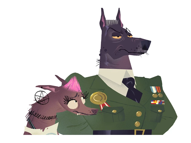 Two anthropomorphic dogs, one in a military uniform with medals, and the other with a pink mohawk and a tattoo.