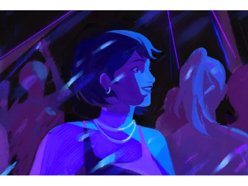 A vibrant illustration of a woman with short hair under blue and purple lights in a lively scene.